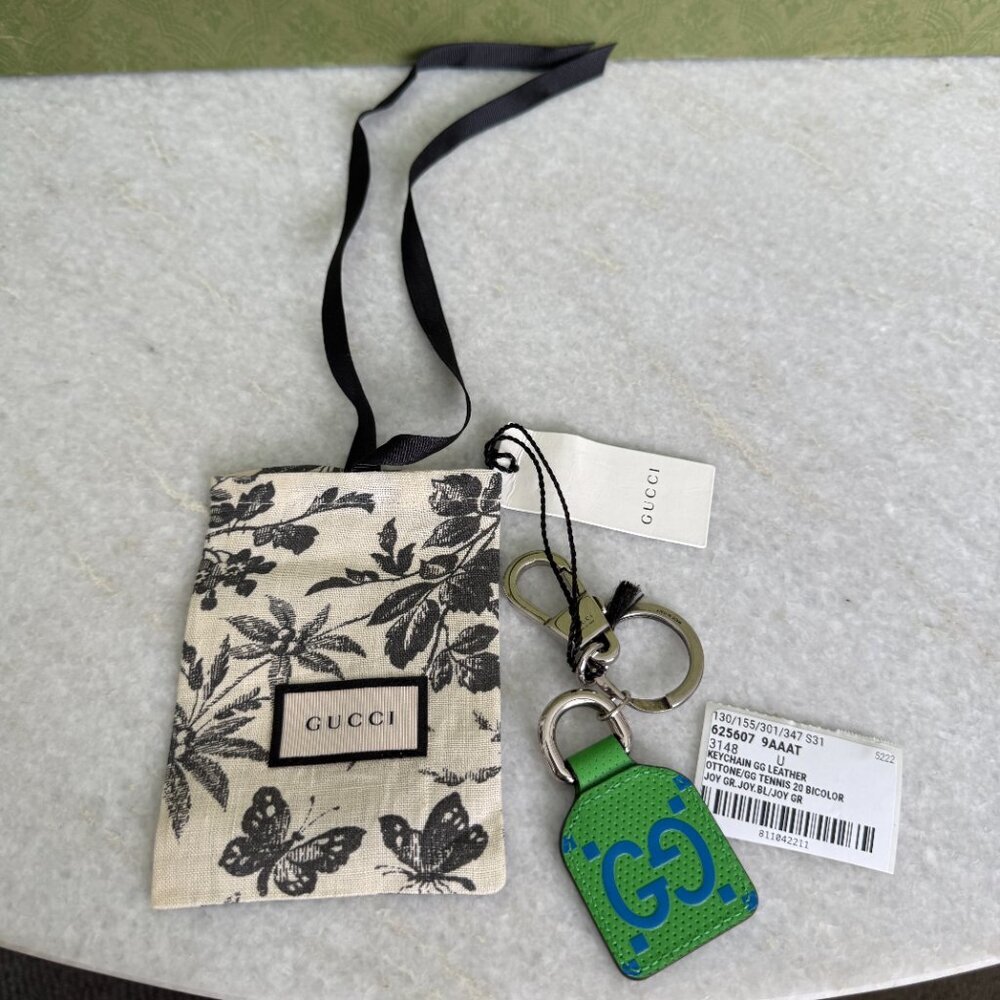 GUCCI‎ GG Embossed Leather Metal Bag Charm Key Chain Green 625607 NWT - Picture 10 of 11